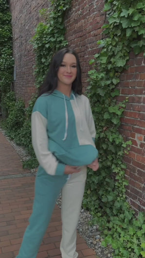 Rise and slay in this cute jogger set!  The oversized top Features a draw-string hood, front pocket. The pants have an elastic waist with an added drawstring for the perfect fit and side pockets made especially for your Insta-poses.  The great colors are Sage green and Beige.  Pair this with your trendy dad-style sneakers or your favorite slippers.   60% Cotton 40% Polyester  Available in sizes Small, Medium, and Large Oversized top Elastic waist with drawstring