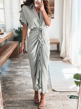 Load image into Gallery viewer, Lt Gray front vier Look and feel your best in our Ruched Front Midi Shirt Dress. Its figure-flattering silhouette is crafted from silky polyester fabric and features a collar and short sleeves.
