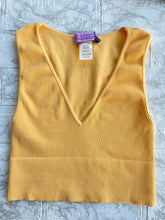 Load image into Gallery viewer, Take the plunge with this sleeveless V neck crop top. This figure-hugging top is made from a ribbed seamless fabric and features a V-shaped neckline with a cropped fit. Pair it with some sweat pants for comfort or dress it up with some jewelry and jeans! One Size.  Available in 4 Colors.  92%Nylon 8% Spandex Sleeveless V Neck Available in Blue, Brown, Yellow, and Lime
