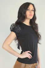 Load image into Gallery viewer, In2You Shirts &amp; Tops Polka Dot Puff Sleeve Bow Blouse, Black
