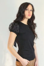 Load image into Gallery viewer, In2You Shirts &amp; Tops Small Polka Dot Puff Sleeve Bow Blouse, Black
