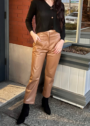 Aaron & Amber Pants Vegan Leather Pintucked Cropped Leg Pants